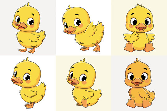 A comprehensive set of six adorable baby yellow ducklings and fluffy chicks posing playfully, featuring bright cheerful faces in a charming cartoon vector illustration, ideal graphic resource for mark