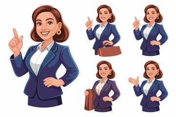 Professional businesswoman corporate avatar vector illustration smiling confidently in a navy blue suit, pointing up or presenting expert guidance and advice across multiple successful management pose