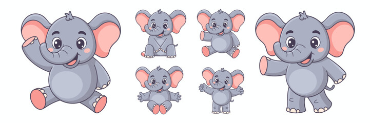 Fototapeta premium Adorable set of baby elephant cartoon characters in multiple playful poses, including smiling, sitting, waving, and standing, isolated vector graphic resources perfect for cheerful children's books, k