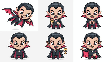Cute cartoon chibi vampire character mascot design illustration set displaying multiple dynamic poses including flying, standing, and raising a golden goblet or chalice, featuring a friendly Dracula b