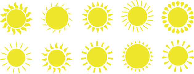 Sun Icon set. Sunshine and solar glow, sunrise or sunset. Decorative circle full and half sun and sunlight. Hot solar energy for tan. Scribble sun with rays symbols. Doodle children drawings collectio