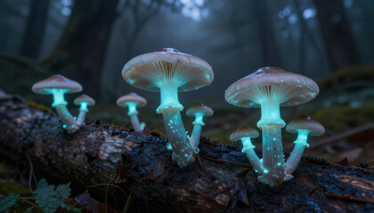 Fototapeta premium Bio-luminescent mushrooms growing on a dark log in a misty forest, avatar-style nature