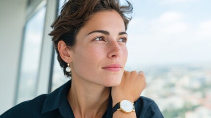 Woman wearing watch, earring, short hair, sunglasses, shirt, handbag, standing outdoors.