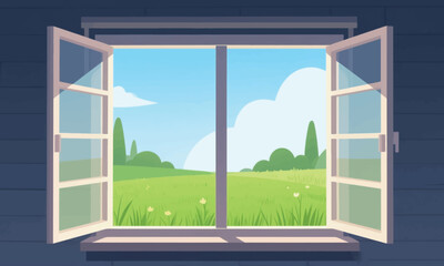 Fototapeta premium Meadow View From Open Window Illustrator Artwork Banner Background Design Template 
