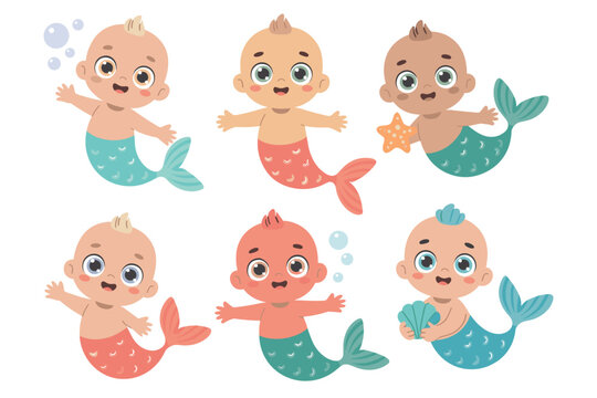 Adorable baby mermen and infant mermaids vector illustration collection featuring six cute diverse characters, cheerfully swimming with seashells and starfish in the aquatic ocean environment, perfect