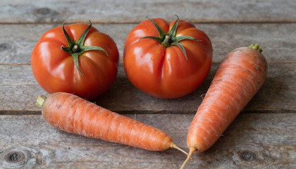 Authentic ugly fruit concept, misshapen tomatoes and carrots on a rustic wood table, food waste awareness