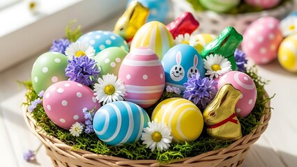 Colorful Easter Eggs in Wicker Basket with Flowers and Chocolates on Green Grass