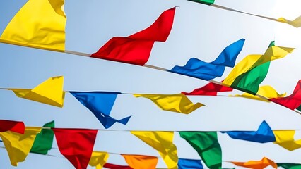 Colorful Flags Flying Outdoor Bright Blue Sky Festive Atmosphere