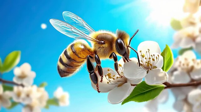 Calm vibrant scene of honeybee flower pollination spring macro nature blossom wildlife sunlight garden white flower blue sky closeup bright vivid