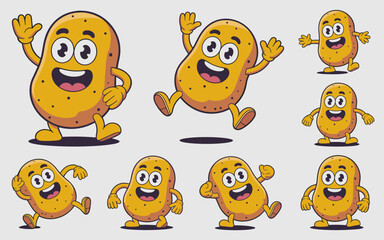 A cheerful anthropomorphic cartoon potato mascot character set actively waving, running, jumping, and walking in various dynamic poses, representing healthy vegetable food, agriculture, or restaurant