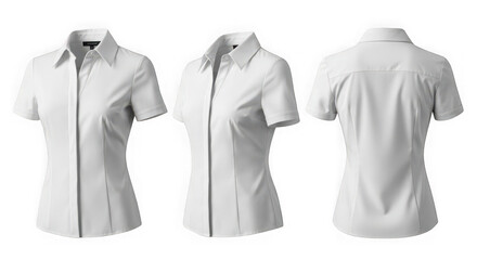 Three views of a white short sleeve womens fitted business blouse isolated on white isolated on transparent background
