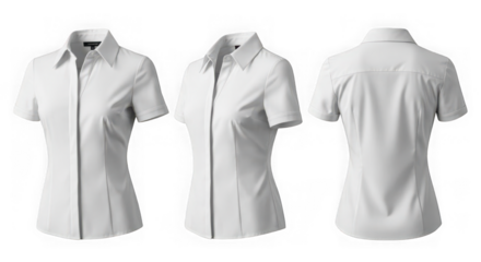 Three views of a white short sleeve womens fitted business blouse isolated on white isolated on transparent background