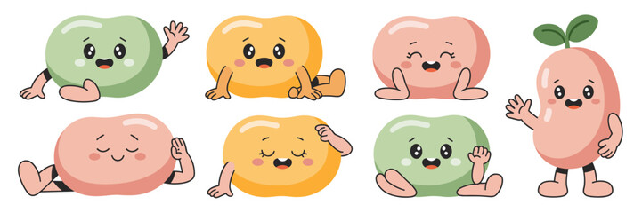 A delightful set of kawaii style cartoon bean characters in diverse poses and happy emotions, featuring legumes like green lima beans, yellow chickpeas, and a pink kidney bean sprout, perfect vector i