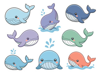 An adorable collection of seven cute cartoon whales swimming and splashing, featuring happy colorful aquatic marine animals in various poses, isolated kawaii vector illustration perfect for playful ki