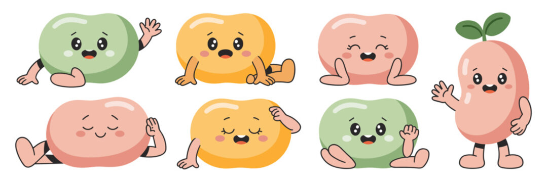 A delightful set of kawaii style cartoon bean characters in diverse poses and happy emotions, featuring legumes like green lima beans, yellow chickpeas, and a pink kidney bean sprout, perfect vector i