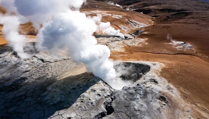 Aerial view of geothermal vents releasing steam over a barren, cracked earth landscape geothermal, vent.