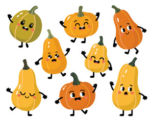 Adorable cheerful cartoon pumpkin and squash characters joyfully dancing and waving, celebrating the festive autumn harvest season. Seamless vector illustration of cute orange and yellow gourds for Ha