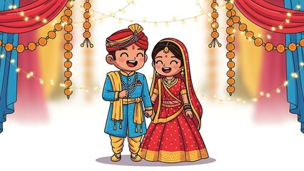 Cute Cartoon Indian Boy and Girl Celebrating at Wedding Ceremony