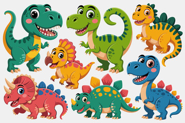 Obraz premium A delightful collection of vibrant cartoon dinosaurs, featuring friendly T-Rex, Stegosaurus, and horned Triceratops prehistoric creatures, perfect for children's education, nursery decorations, playfu