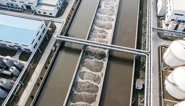 Aerial view of a wastewater treatment facility with aerated water channels and industrial infrastructure.