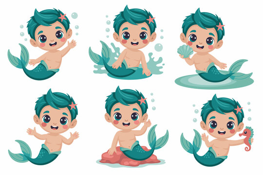 Adorable cartoon set of a happy little boy merman character swimming and playing in the ocean, featuring six vector poses like waving, sitting, and holding a seashell or seahorse, ideal magical collec