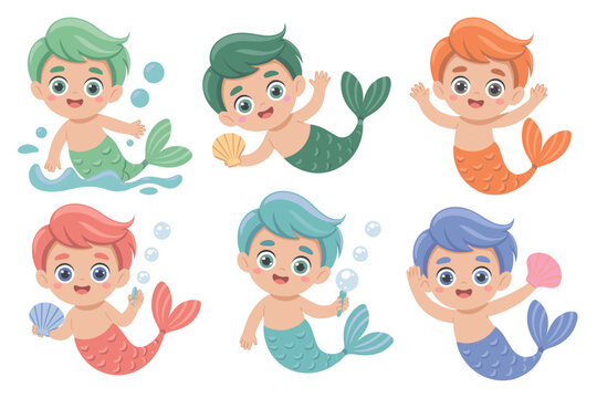 Six cute cartoon merboys swimming and playing underwater, a colorful set of happy little mermen characters holding seashells and blowing bubbles, perfect vector illustration collection for kid's nurse