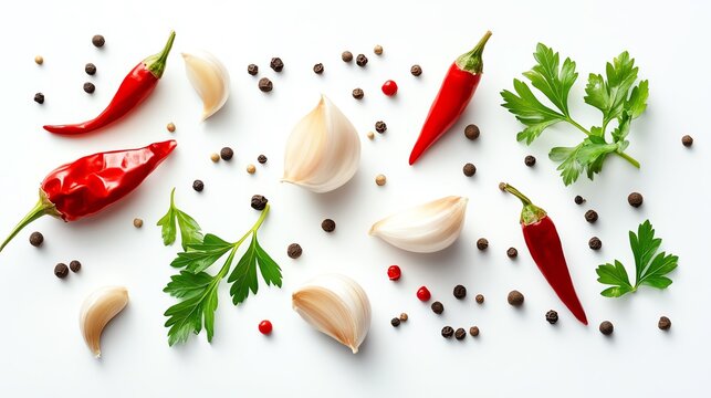 Vibrant spices and herbs on a white background.