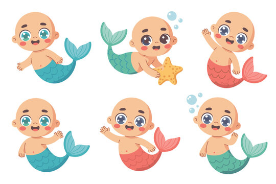 Cute cartoon baby mermaid and merman vector illustration collection swimming happily in the magical ocean, smiling and waving; adorable graphic resource clip art bundle for childish nursery, party, an