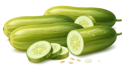 Fresh Green Cucumbers with Sliced Pieces and Seeds on White Background