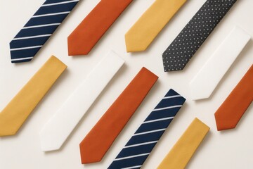 Colorful Ties Display: A vibrant assortment of stylish neckties, each showcasing a unique pattern and color palette, artfully arranged to highlight the diverse fashion trends.