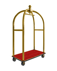Side view empty Hotel golden luggage cart isolated on white background
