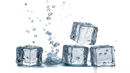 Four ice cubes falling with water droplets isolated on white or transparent background