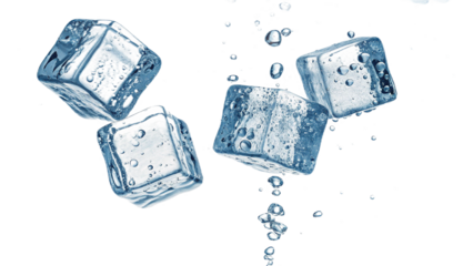 Four ice cubes falling with water droplets isolated on transparent background