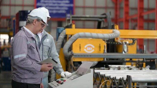 Industrial machine operator wearing safety helmet controlling automated conveyor belt system at control panel in manufacturing factory production line for automation industry concept.