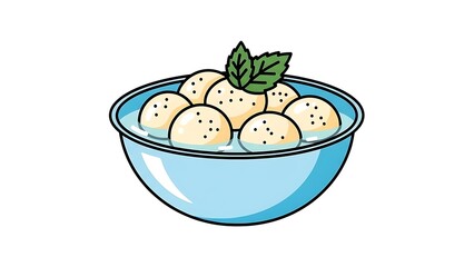 Illustration of Boiled Dumplings in Blue Bowl with Mint Leaf on White Background