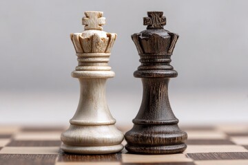 A close-up view showcases two intricately textured wooden chess king pieces, one white and one black, standing prominently side-by-side on a subtly blurred chessboard. The shallow depth of field sharp