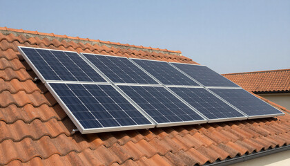 Solar panels installed on a clay tile roof, juxtaposition of old and new technology