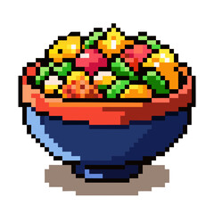 Fototapeta premium A vibrant pixel art illustration of a fresh salad in a blue bowl with an orange rim, featuring various colorful vegetables and fruits. Retro 8-bit style.