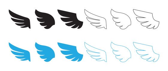 A collection of stylized wing icons featuring black, blue, and outline variations for design projects.