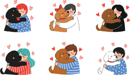 Set of Hand-Drawn Cartoon Vector Illustrations Showcasing People Happily Hugging Their Beloved Dogs, Representing Love, Friendship, and the Joy of Pet Ownership and Companion Animals