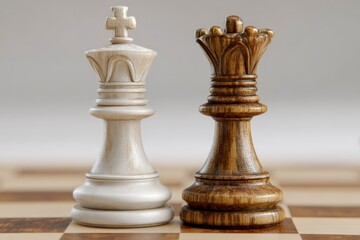 Fototapeta premium A meticulously crafted close-up showcases two elegant wooden chess pieces, a white king and a dark queen, positioned prominently side-by-side on a classic wooden chessboard. The intricate textures of 