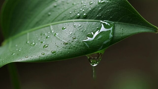 Watch water droplets dance on vibrant green leaf, nature's gentle ballet creating calming, organic beauty for wellness and eco-conscious designs