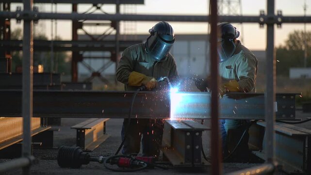 Steel workers craft beams outdoors, Fabricators collaborate on steel framework beneath vivid sunset sky, Outdoor welding team constructs metal structures amidst sparks and dramatic sunset atmosphere