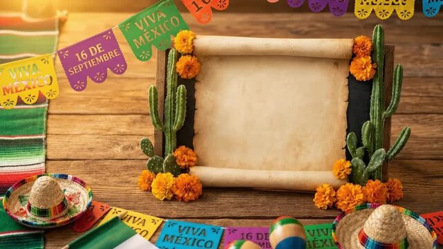 This vibrant tabletop arrangement showcases a rich cultural celebration theme, perfect for festive promotions or traditional event invitations. Against a rustic wooden backdrop, an ornate, blank parch