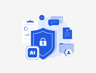 AI data protection officer dashboard concept. Ai-powered DPO cybersecurity dashboard compliance monitors threats network cloud software management analytics server. Isolated flat vector illustration