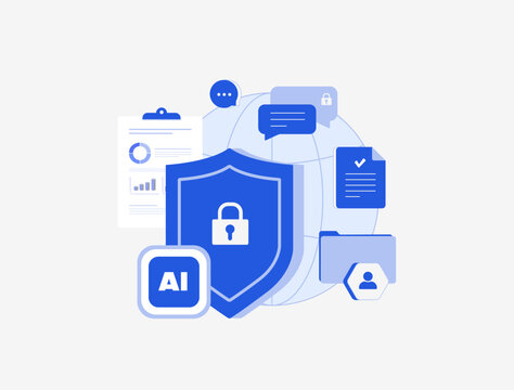 AI data protection officer dashboard concept. Ai-powered DPO cybersecurity dashboard compliance monitors threats network cloud software management analytics server. Isolated flat vector illustration