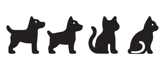 Black silhouettes of small dogs and sitting cats lined up together on a white background.
