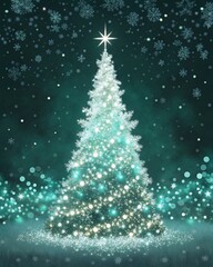 Magical Christmas Tree Illustration with Glittering Lights and Bokeh Snowflakes on Dark Teal Background