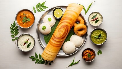 Traditional South Indian Vegetarian Meal with Dosa and Coconut Chutney on Metal Plate