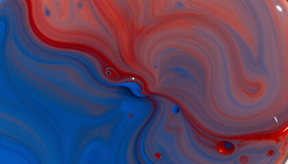 Abstract oil and water mixture, red and blue separation, scientific liquid macro